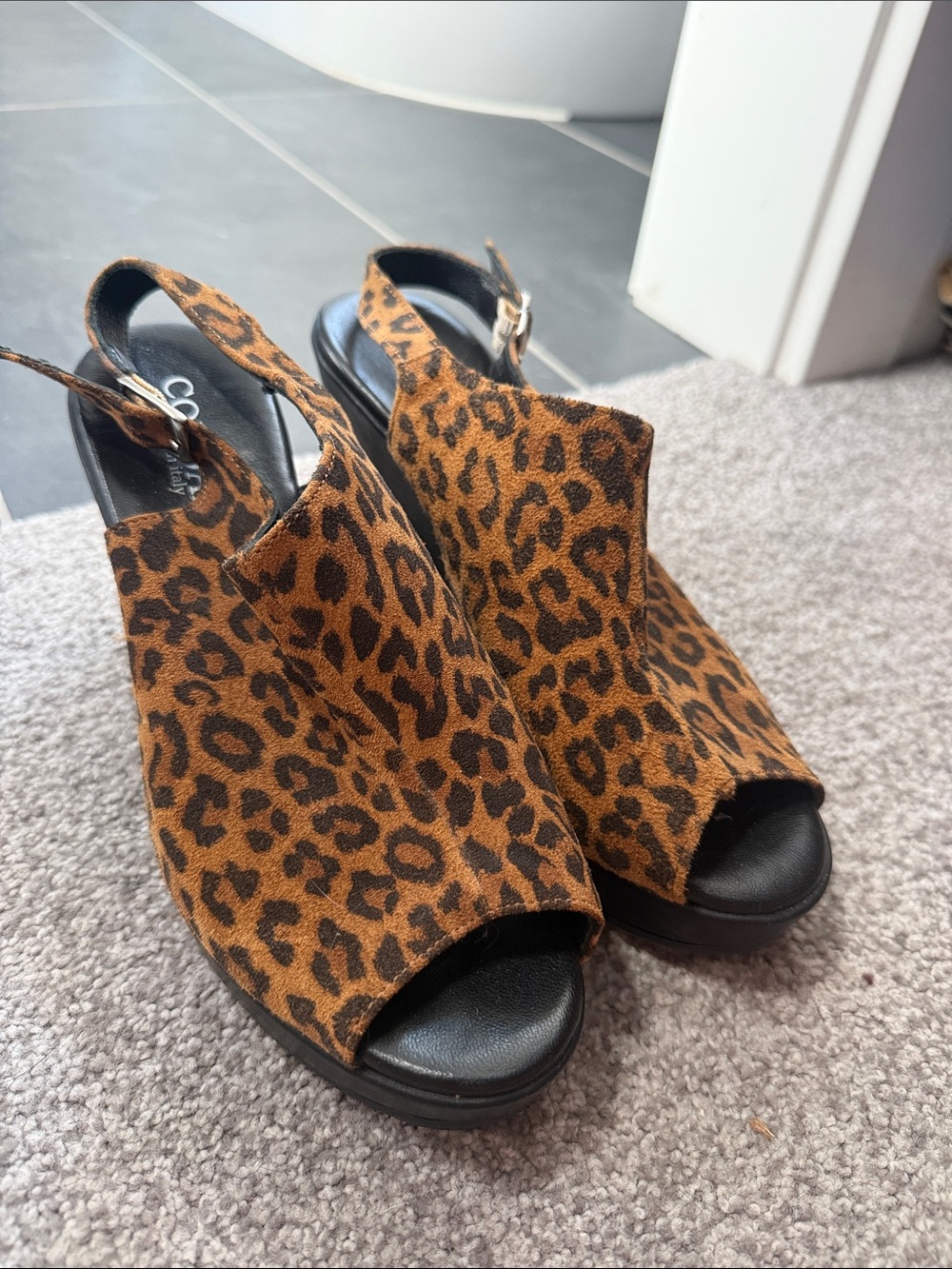 Cordani Leopard Print Open-Toe Slingback Wedge Sandals - Brown/Black